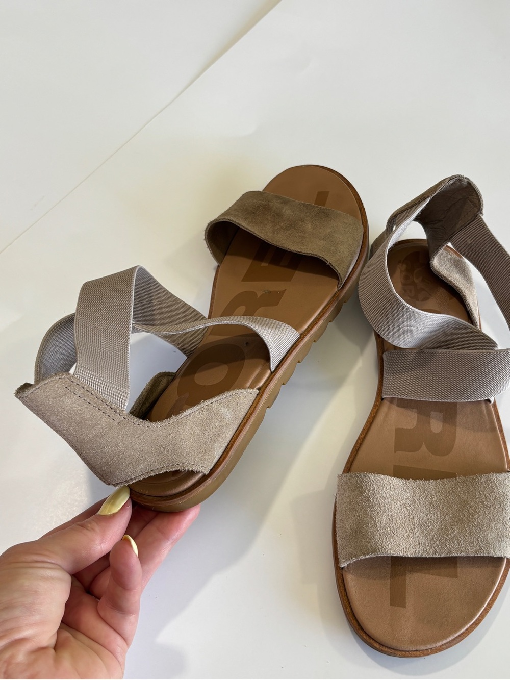 Sorel Women’s Taupe Suede Crisscross Elastic Sandals - Picture 2 of 5